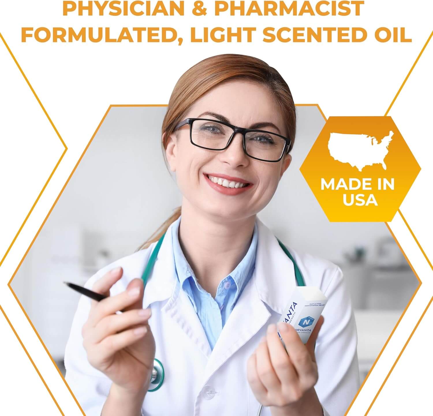 Physician holding a bottle of oil with text about formulation and origin