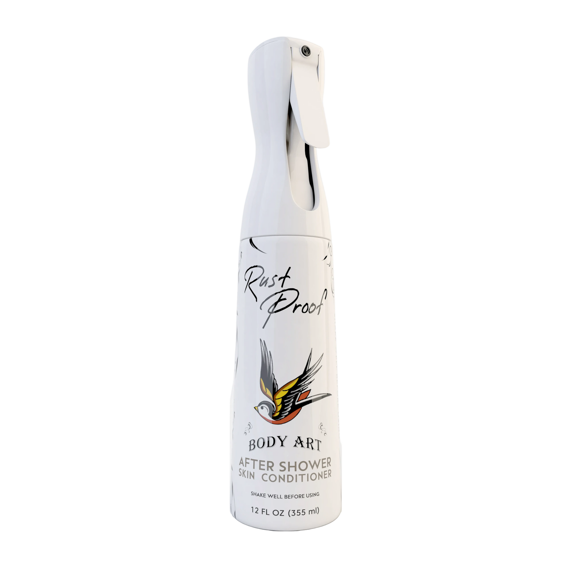 White spray bottle labeled 'Rust Proof Body Art' on a white background